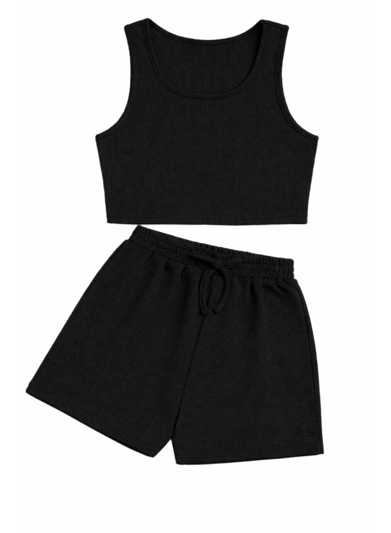 نايلتون طقم ملابس بناتي مكون من توب قصير مضلع وشورت عالي الخصر.  طقم ملابس كاجوال للأطفال - توب قصير وشورت برباط - Image 2